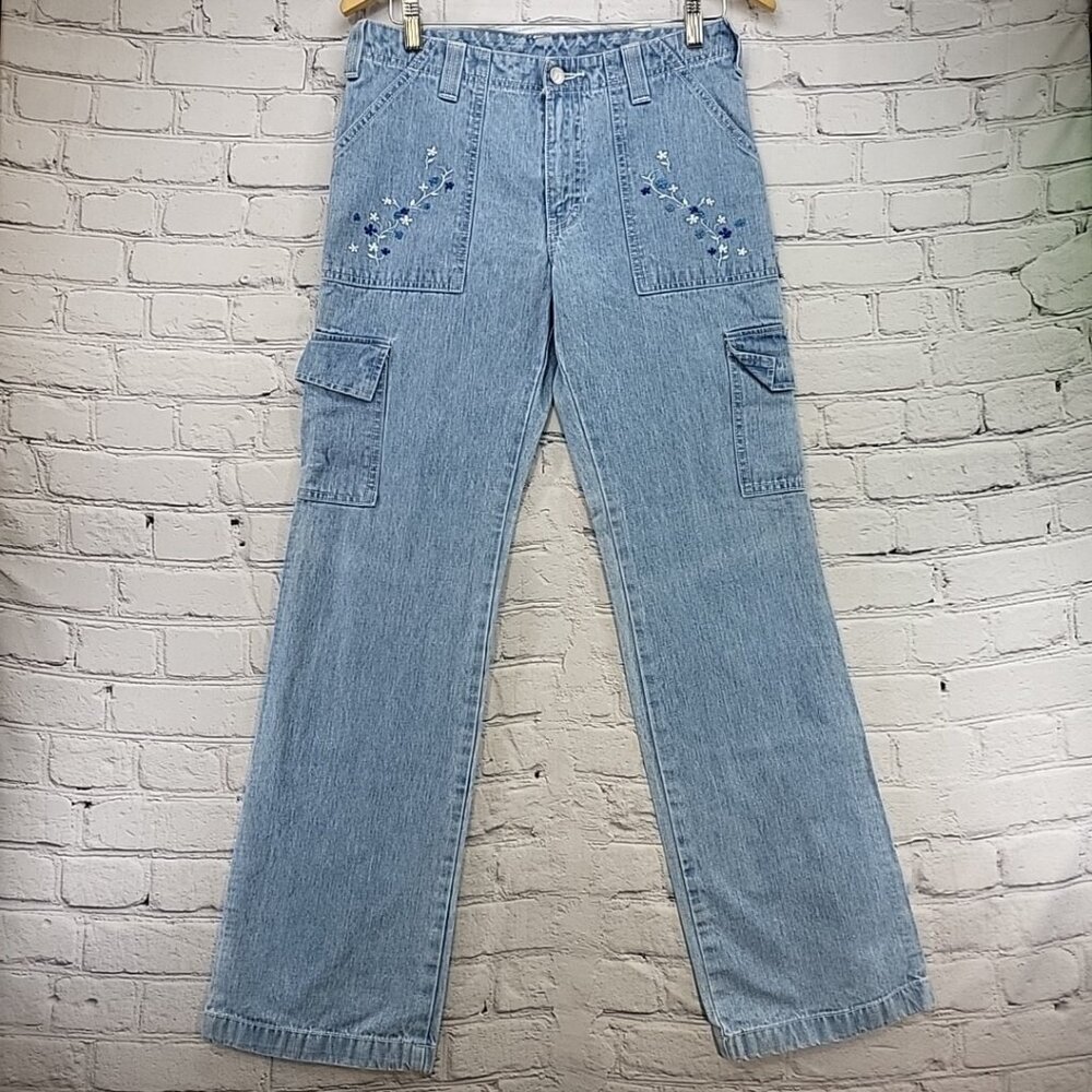 Jordache Vintage Cargo Jeans Jr Sz 7/8 Light Wash Embroidered 100% Cotton VTG